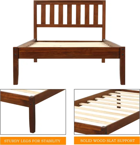Miniatura 6 de MERITLINE Base de cama individual, plataforma de madera con cabecero y estribo, no necesita somier, nogal