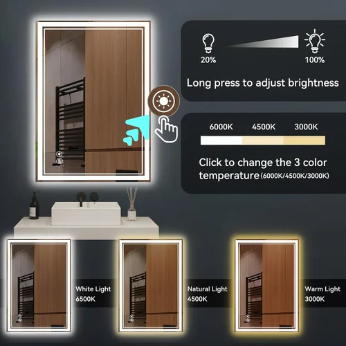 Miniatura 4 de Paquete de 2 espejos LED de baño de 24 x 36 pulgadas, espejo LED para baño, sin niebla, regulable, 3 colores, espejo de baño con luces, espejo