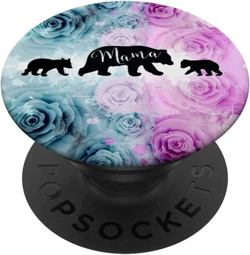 Mama Bear Pop Socket 2 Cubs Teal Purple Roses Mothers Day - PopSockets Grip and Stand for Phones and Tablets