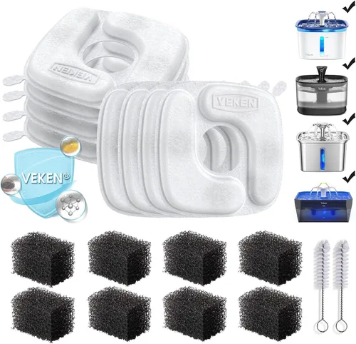Veken Filtros de fuente de agua para gatos, paquete de 8 filtros de repuesto y 8 esponjas de repuesto para dispensador automático de agua para