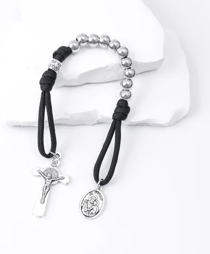 Miniatura 2 de Pulsera de oración de paracord militar fuerte de una década de Nazareth Store, cuentas plateadas, medalla de San José y cruz de San Benito