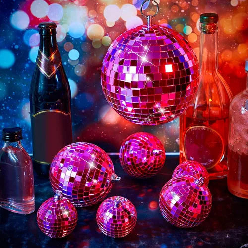 Miniatura 6 de WILLBOND 12 paquetes de bola de espejo de discoteca con anillo colgante para divertidas decoraciones de fiesta retro de discoteca, efecto de Rosa