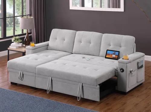 Miniatura 5 de Lilola Home Ashlyn II - Sofá modular reversible de tela tejida gris de 84 pulgadas con diván de almacenamiento, brazos de almacenamiento