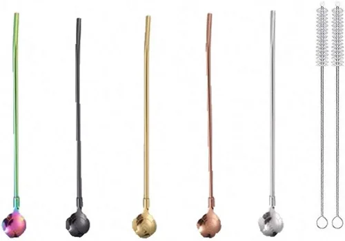 Miniatura 16 de 7 popotes de metal para beber con 2 cepillos de limpieza de 8.5 pulgadas, cuchara de barra reutilizable para café helado, bebida congelada, batidos