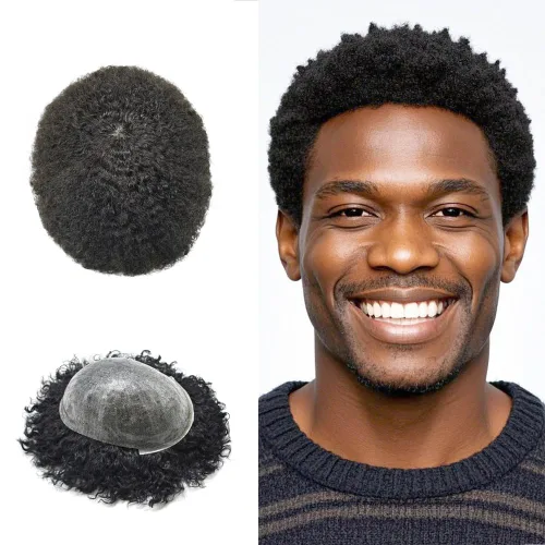 FNY HAIR Afro Curl Toupee para hombres negros Sistema de reemplazo de piezas de cabello humano 100% piel duradera PU inyectado prótesis de cabello