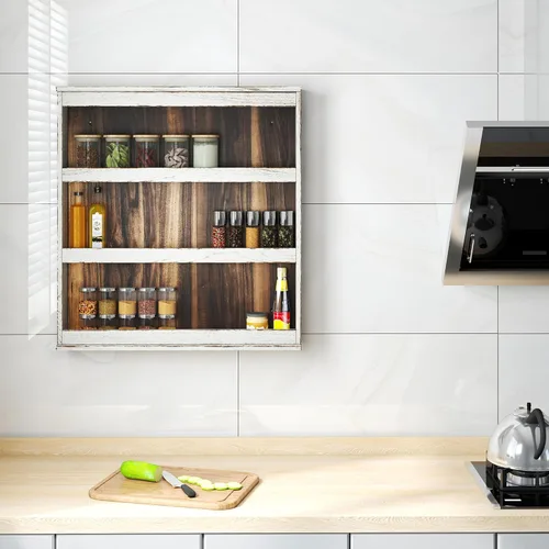 Miniatura 5 de Nisorpa Estante de especias de 3 niveles para montar en la pared, estante de especias de cocina de madera rústica quemada para colgar en la pared