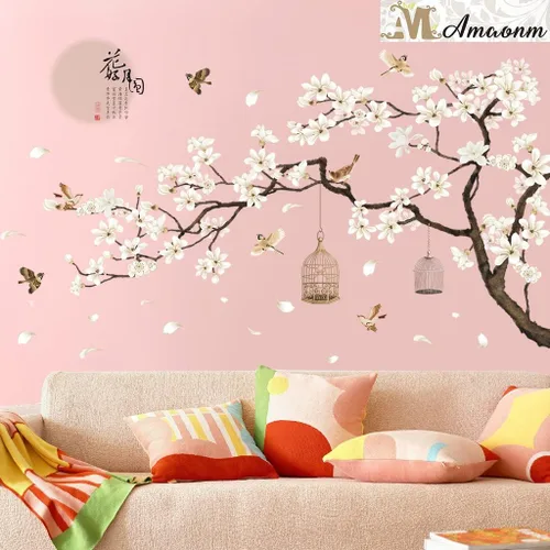 Miniatura 7 de Calcomanías de pared de estilo chino, árbol negro y pájaros voladores, removibles, decoración de pared, murales para niños, guardería, oficina