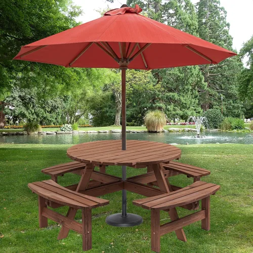 Miniatura 13 de Mesa de picnic redonda de madera para 6 personas, mesa de comedor al aire libre de 35 pulgadas con 3 bancos integrados, agujero para paraguas, mesa