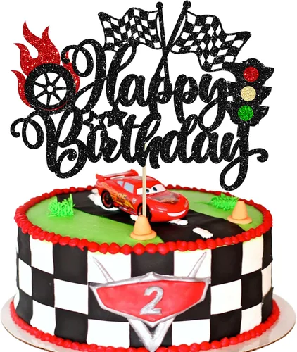 Miniatura 9 de Gyufise 1 pieza de decoración de pastel de cumpleaños con dos banderas negras con purpurina a cuadros para coche de carreras de 2º cumpleaños