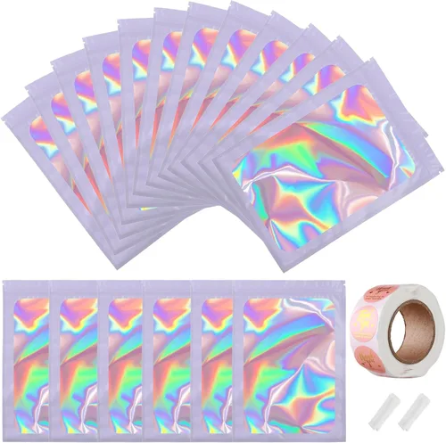 Miniatura 34 de Paquete de 150 bolsas holográficas de Mylar de 5 x 8 pulgadas con ventana transparente, pequeñas bolsas de papel de aluminio resellables