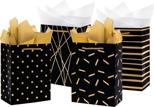 Nihuecne Bolsas de regalo de tamaño mediano de 9 pulgadas con papel de seda, paquete de 4 bolsas de regalo de papel de envoltura de oro negro con