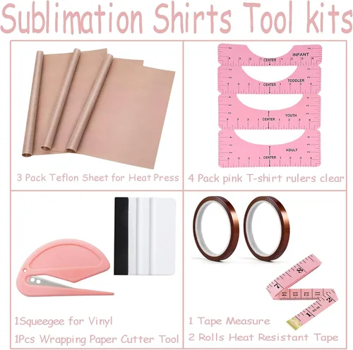 Miniatura 3 de Kits de herramientas para camisas de sublimación (rosa) - 4 reglas de camiseta, paquete de 3 hojas de teflón para prensa térmica de 12 x 16