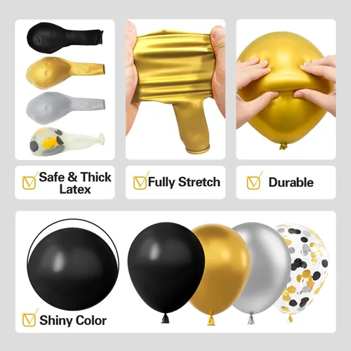 Miniatura 4 de Kit de guirnalda de arco de 137 piezas de globos negros, dorados y plateados con estrellas - 5, 10, 12, 18 pulgadas globos de látex negros, dorados
