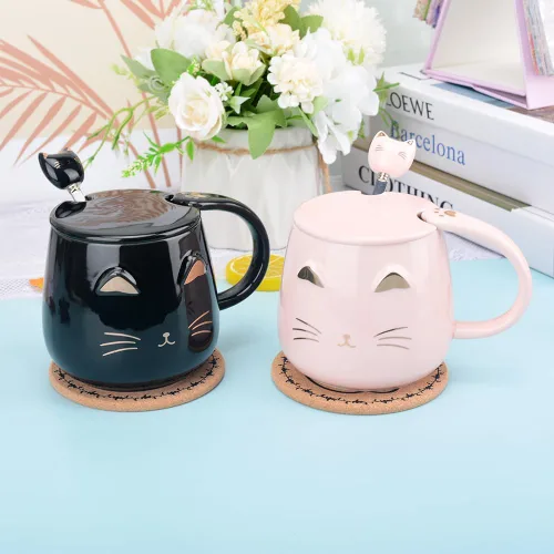 Miniatura 5 de Taza de café de cerámica rosa con diseño de gato lindo hecho a mano con cuchara de acero inoxidable, taza de gatito, tazas únicas de chocolate Negro