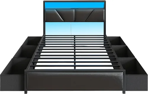 Miniatura 9 de OURPIC Full Size Bed Frame, 2-Tier Storage Headboard & 6 Fabric Drawers, PU Leather Upholstered Platform Bed Frame Full with Charging Station and