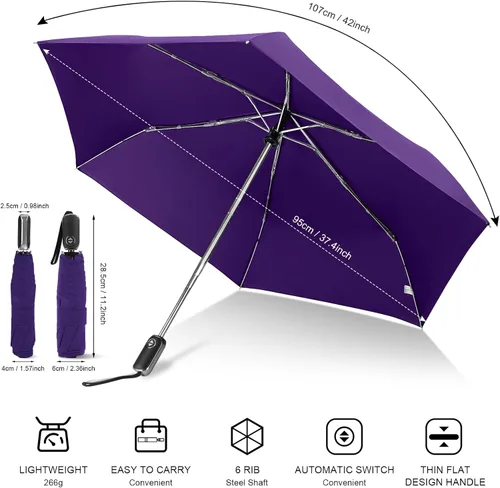 Miniatura 126 de LEAGERA Paraguas de viaje compacto para bolso, mango plano, impermeable para lluvia ligera