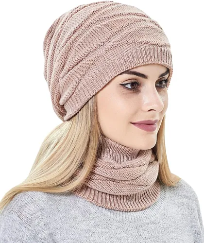 Miniatura 2 de Conjunto de gorro y bufanda para mujer para niñas, gorro de esquí de invierno de punto cálido con forro polar