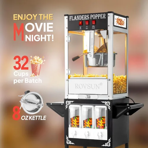 Miniatura 2 de Máquina de palomitas de maíz ROVSUN con carro, ruedas y hervidor de 8 onzas, hace hasta 32 tazas, máquina de palomitas con dispensadores de Negro
