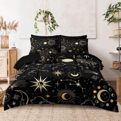 Miniatura 2 de Bedding_Dreamer Black and Gold Queen Bed in a Bag Sun and Moon Bedding Set Mysterious Space Home Decor Galaxy Down Comforter Black Sheet Sets 8 Pcs