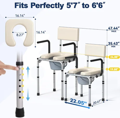 Miniatura 5 de Asiento sanitario junto a la cama con brazo desplegable, inodoro con asiento acolchado y respaldo, capacidad de 400 libras, cubo removible de 6.3QT