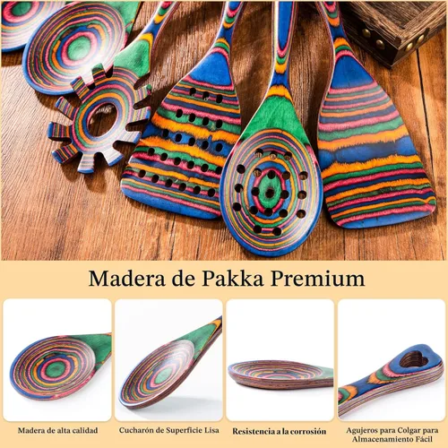 Miniatura 3 de Gudamaye Pakkawood - Utensilios de cocina de madera de 7 piezas, cucharas de madera para cocinar, utensilios de cocina de madera de Pakkawood