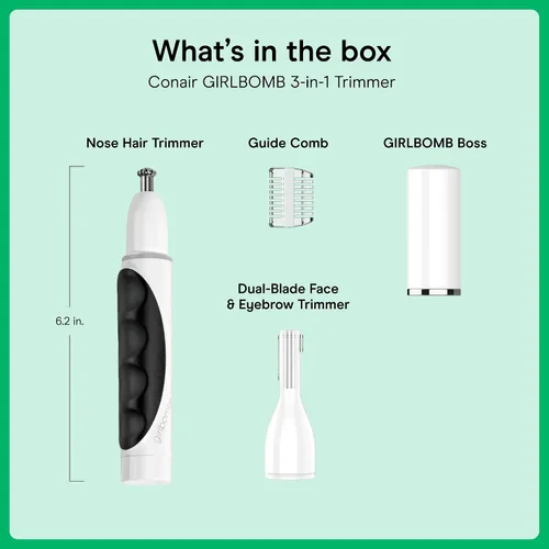 Miniatura 7 de Conair GIRLBOMB Recortador de Pelo de Nariz para Mujeres, Eliminación de Vello Facial para Mujeres Funciona con Pilas, Hoja Biselada 360°