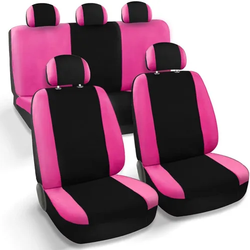 CarsCover Fundas de asiento color rosa y negro para auto, camión, automóvil, SUV, mujer, estilo funda de asiento (9 piezas, color rosa y negro con