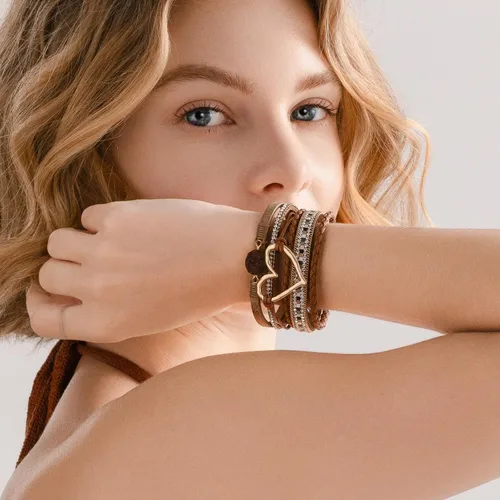 Miniatura 2 de FANCY SHINY Pulseras de cuero con forma de corazón, apilables, bohemias, pulseras de diamantes de imitación de resina de moda con cierre magnético