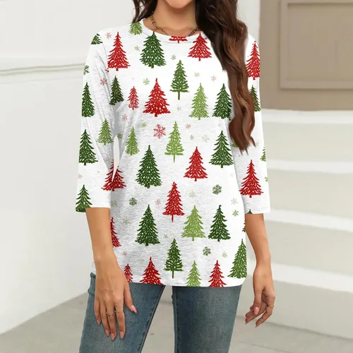 Miniatura 62 de Camisetas de manga 3/4 para mujer, cuello redondo, holgadas, casuales, con estampado floral, camisetas de moda para el trabajo de negocios