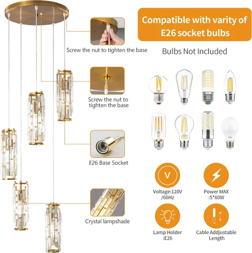 Miniatura 4 de LMQNINE - Lámpara colgante, lámparas colgantes modernas doradas, mini candelabros de cristal, iluminación colgante ajustable de 5 luces para cocina