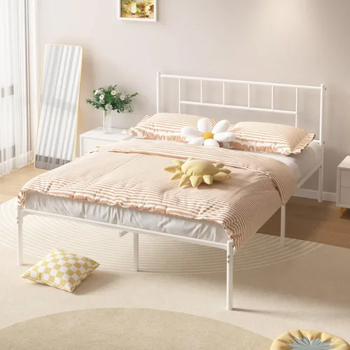 Miniatura 4 de VECELO Marco de cama de plataforma de metal completo con cabecero, soporte de listones de acero resistente, almacenamiento debajo de la cama,