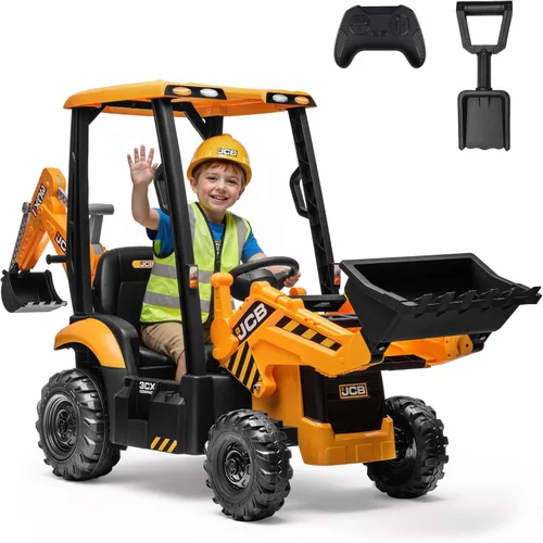 Excavadora JCB de 12 V con control remoto, coche de paseo para niños 3 a 8, cargador frontal y brazo de excavación retroexcavadora, modos tractor y