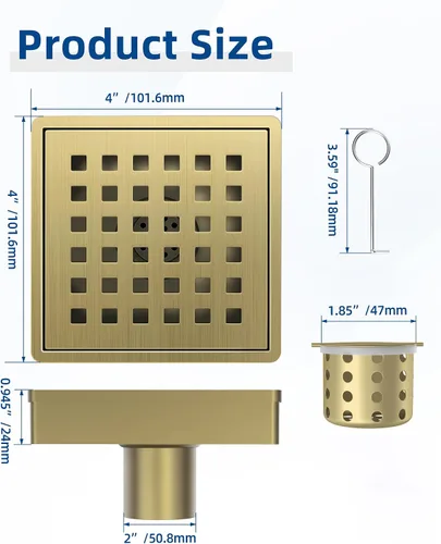 Miniatura 2 de Drenaje de ducha dorado de 4 pulgadas, moderno drenaje de ducha cuadrado de acero inoxidable 304 para baño, drenaje de suelo de ducha dorado