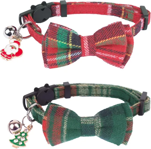 Miniatura 7 de ADOGGYGO Collares para gatos de Halloween con campana extraíble con corbatín extraíble, paquete de 2 unidades, collar de lazo de Halloween a cuadros