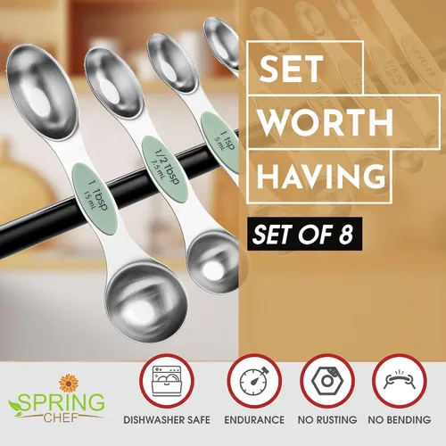 Miniatura 2 de Spring Chef Juego de 8 cucharas magnéticas de medición de acero inoxidable con nivelador, juego de cucharaditas y cucharas de mesa de doble cara