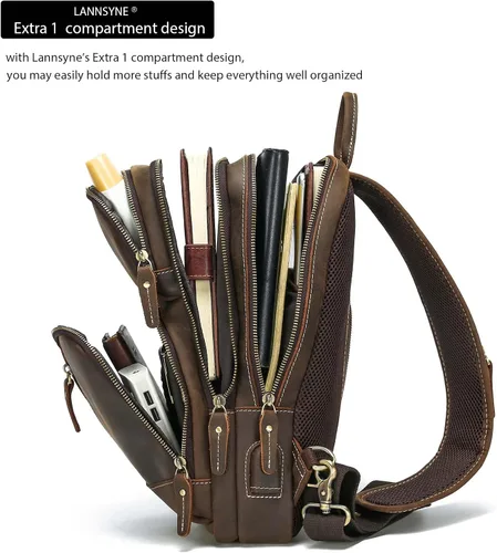 Miniatura 3 de LANNSYNE Bolso bandolera de cuero de grano completo para hombre, mochila cruzada para el pecho para iPad de 10.5 pulgadas