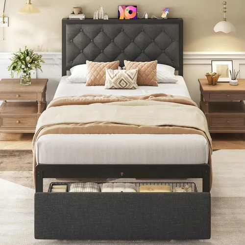Miniatura 9 de Fluest - Base de cama tamaño Queen con 2 cajones de almacenamiento, cabecero tapizado con botones y estación de carga, no necesita somier, libre