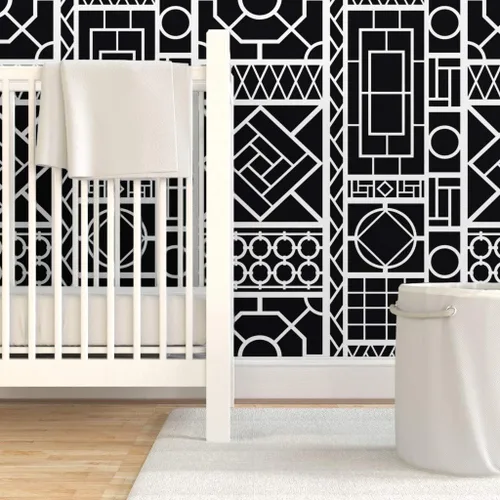 Miniatura 6 de Spoonflower Pelar y pegar muestra de papel tapiz - Enrejado Negro Círculos Blancos Graffiti Chinoiserie Palm Beach China Papel pintado extraíble