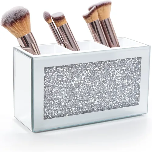 Organizador de brochas de maquillaje plateado, brillante con 3 ranuras de cristal de diamante triturado con espejo de cepillos cosméticos,