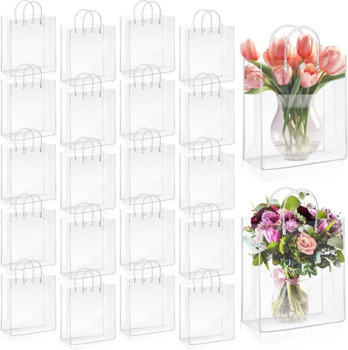 Miniatura 9 de LEIFIDE 50 bolsas de regalo de plástico transparente con asas PVC reutilizables, bolsas de lona transparentes para golosinas, cumpleaños, fiesta
