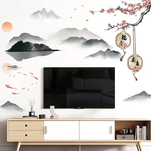 Miniatura 7 de Calcomanías de pared extraíbles de estilo chino 3D paisaje, montaña, agua, personajes chinos, familia y paz con ramas de árbol de ciruela, flores