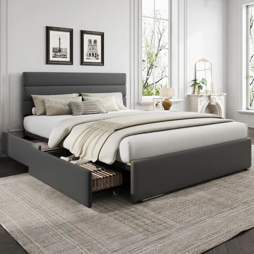 WLIVE Base de cama tapizada tamaño Queen con 4 cajones de almacenamiento y cabecero, marco de cama de plataforma de terciopelo, soporte de listones