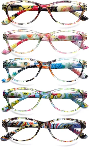 Miniatura 9 de SIGVAN Gafas de Lectura de Ojo de Gato para Damas 5 Pares con Bloqueo de Luz Azul Bisagra de Resorte Estampado de Patrón de Moda Lectores