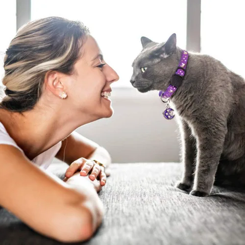 Miniatura 5 de 2 piezas de collares de gato separables Collares de gato para gatos machos y hembras Collares ajustables para gatitos con campana, púrpura +