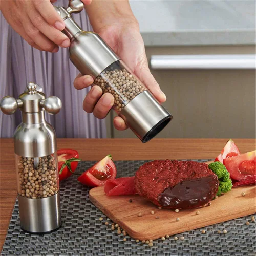 Miniatura 5 de Molinillo de sal y pimienta, grifo manual de acero inoxidable con asa, grosor ajustable recargable, para el hogar, restaurante, barbacoa, plata, M