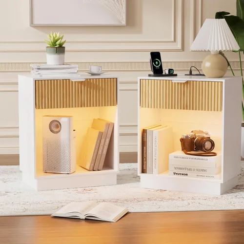 Miniatura 8 de Juego de 2 mesitas de noche acanaladas, mesita de noche de madera con cajón y estante abierto, mesa auxiliar de mediados de siglo para sala