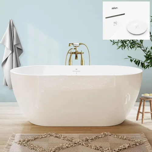 Miniatura 64 de FerdY Shangri-La - Bañera de acrílico independiente de 67 pulgadas, bañera de remojo de acrílico de forma ovalada clásica con desagüe de níquel