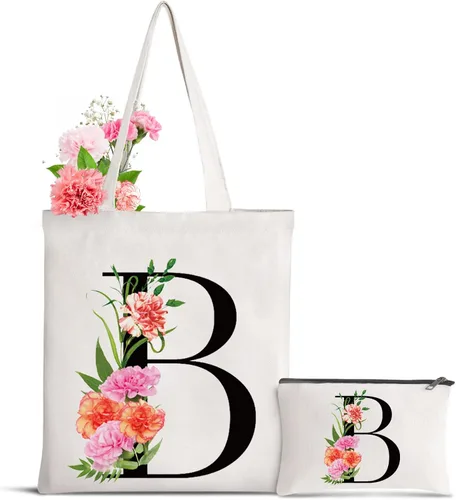 Miniatura 12 de Bolsa de lona con letra inicial personalizada, regalo para el día de la madre, damas de honor, novia, cumpleaños, boda Flower-D