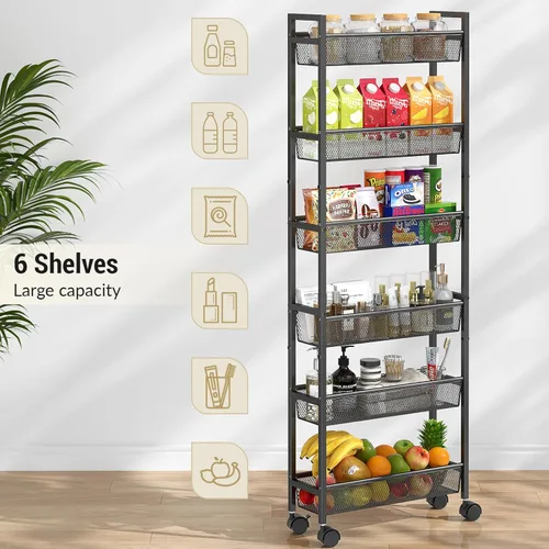 Miniatura 5 de ThreeHio Carrito de almacenamiento delgado de 6 niveles, carrito estrecho con ruedas, estantería móvil de metal para cocina, baño, lavandería, sala