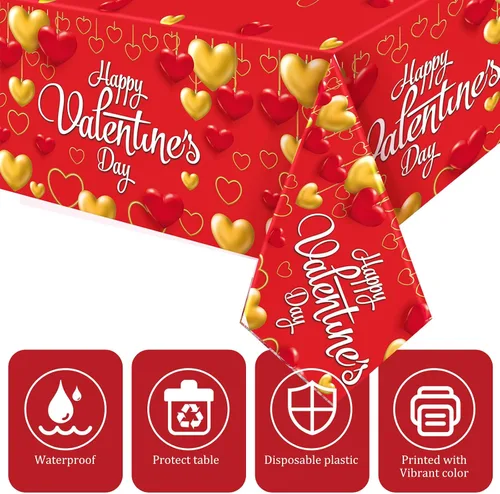 Miniatura 3 de WovWeave Mantel de plástico de 3 piezas de San Valentín, diseño de corazón rojo y dorado, para el Día de San Valentín, desechable, rectangular